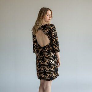 Billabong Black Gold Sequin Mini Dress M Open Back Art Deco Party Cocktail